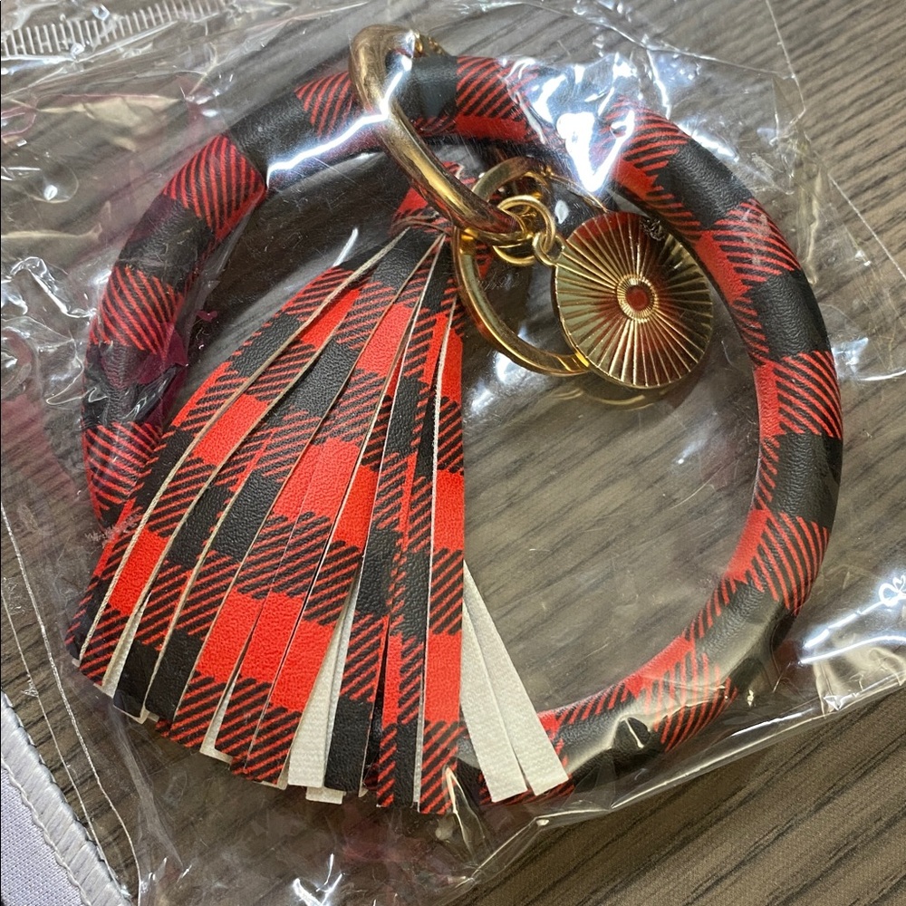 Red & Black Buffalo Plaid Keychain Bracelet with Gold Accent & Fringe Tassel - Picture 8 of 11